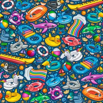 Cartoon cute doodle Inflatable Pool Circles Seamless Pattern Stock Illustration