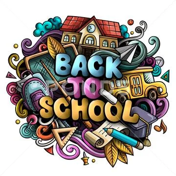 Cartoon cute doodles Back to School phrase. Colorful illustration Stock Illustration