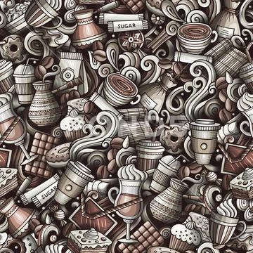 Cartoon cute doodles hand drawn Coffee Shop seamless pattern Stock Illustration