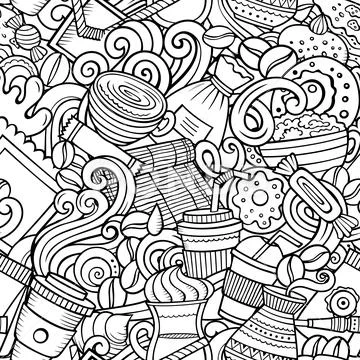 Cartoon cute doodles hand drawn Coffee Shop seamless pattern. Stock Illustration