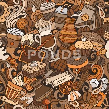 Cartoon cute doodles hand drawn Coffee Shop seamless pattern Stock Illustration