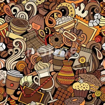 Cartoon cute doodles hand drawn Coffee Shop seamless pattern Stock Illustration