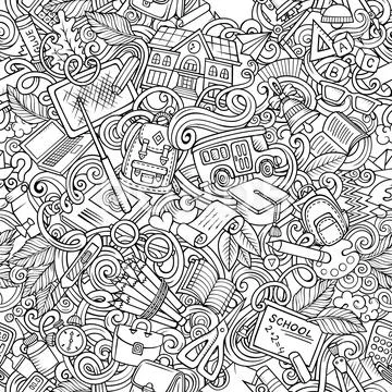 Cartoon cute doodles hand drawn School seamless pattern Stock Illustration