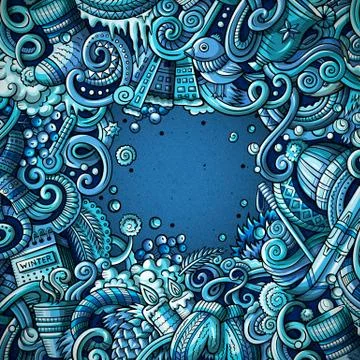 Cartoon cute doodles hand drawn Winter frame design. Stock-Illustration