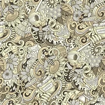 Cartoon cute doodles hand drawn Honey seamless pattern Stock Illustration