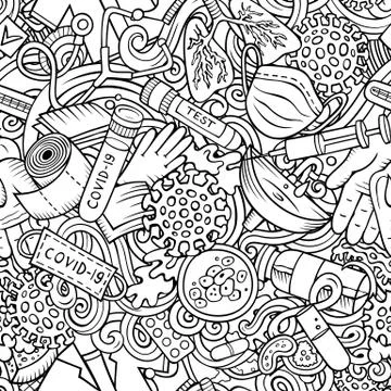 Cartoon cute doodles hand drawn Epidemic seamless pattern. Stock Illustration