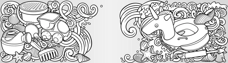 Cartoon cute doodles hand drawn summer beach children's entertainment Stock Illustration