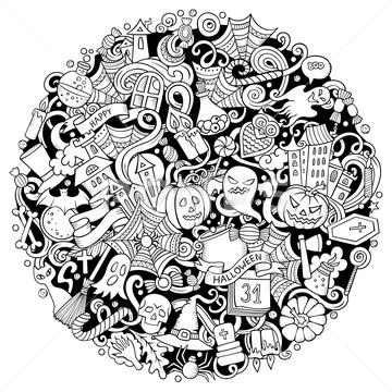 Cartoon cute doodles Happy Halloween illustration. Outline funny round picture Stock Illustration