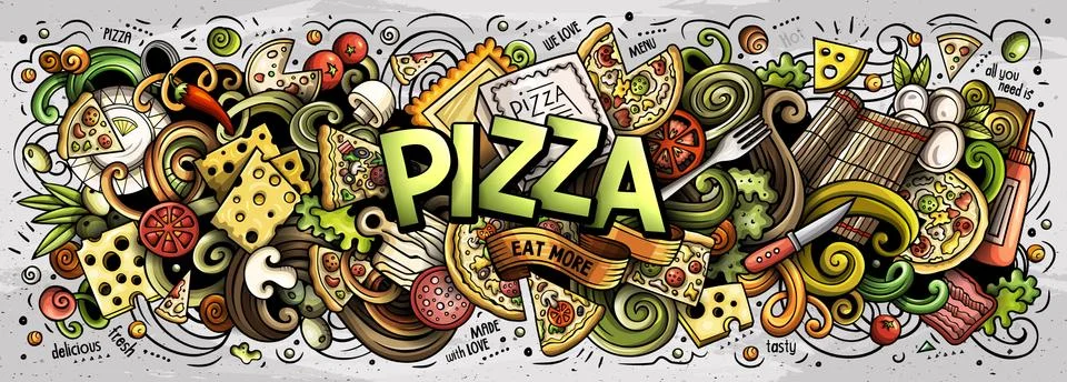 Cartoon cute doodles Pizza word Stock Illustration