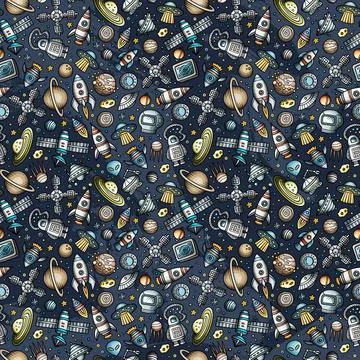Cartoon cute doodles Space seamless pattern Stock Illustration