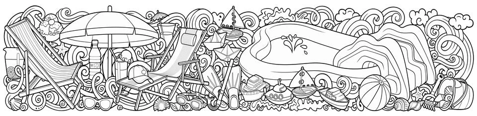 Cartoon cute doodles summer beach children's entertainment illustration. Stock Illustration