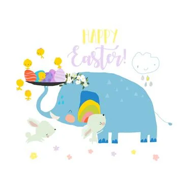 Cartoon Cute Elephant celebrating easter with Little Rabbits Stock Illustration