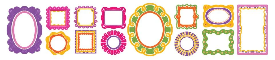 Cartoon cute frames, hand drawn doodle kids borders, colorful trendy 库存插图