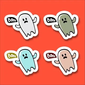 Cartoon cute ghost sticker set isolated on orange background. Funny boo ghost Stock Illustration