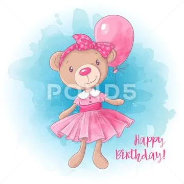 Cartoon cute girl bear with a balloon. Birthday card. Vector illustration Stock Illustration
