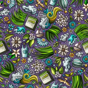 Cartoon cute hand drawn Spring seamless pattern. Stock Illustration
