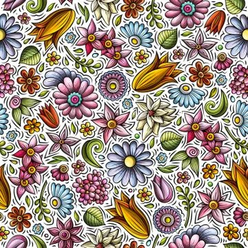 Cartoon cute hand drawn Spring seamless pattern. Stock Illustration