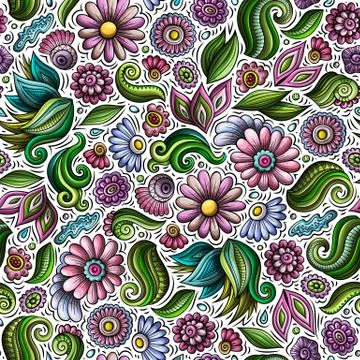 Cartoon cute hand drawn Spring seamless pattern. Stock Illustration