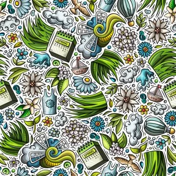 Cartoon cute hand drawn Spring seamless pattern. Stock Illustration