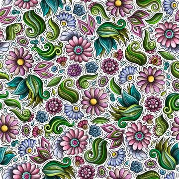 Cartoon cute hand drawn Spring seamless pattern. Stock Illustration