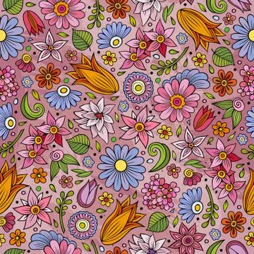 Cartoon cute hand drawn Spring seamless pattern. Stock Illustration