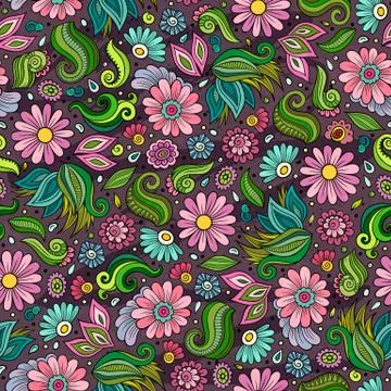 Cartoon cute hand drawn Spring seamless pattern. Illustrazione stock