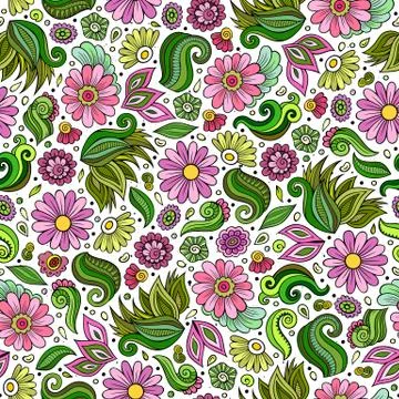 Cartoon cute hand drawn Spring seamless pattern. Stock Illustration