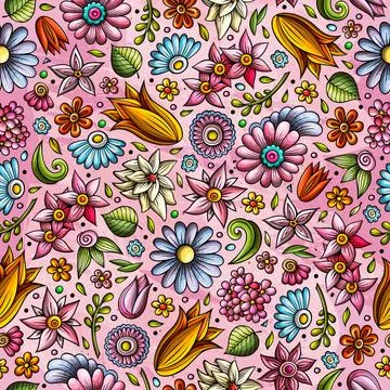 Cartoon cute hand drawn Spring seamless pattern. Stock Illustration