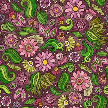 Cartoon cute hand drawn Spring seamless pattern. Stock Illustration