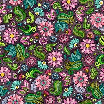 Cartoon cute hand drawn Spring seamless pattern. Stock Illustration
