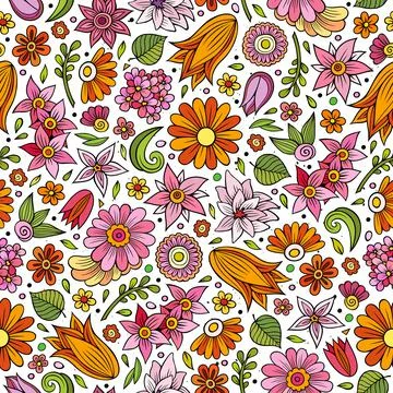 Cartoon cute hand drawn Spring seamless pattern. Stock Illustration