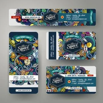 Cartoon cute line art doodles space corporate identity set Stock Illustration