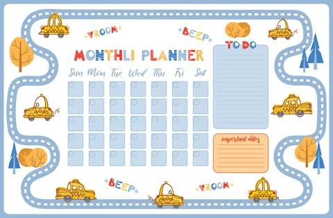Cartoon cute monthly planner. To do list, notes, template design, important Stock Illustration