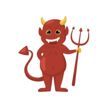 Cartoon cute red devil hell demon with pitchfork. Stock Illustration