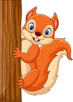 Cartoon cute squirrel climbing on a tree Stock Illustration