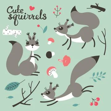 Cartoon cute squirrel. Little funny squirrels. Vector illustration Stock Illustration