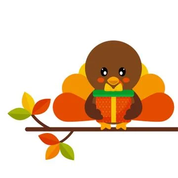 Cartoon cute turkey with gift vector on a branch Illustrazione stock
