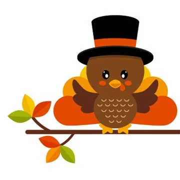 Cartoon cute turkey in hat vector on a branch Illustrazione stock