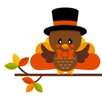 Cartoon cute turkey in hat vector on a branch Stockillustratie