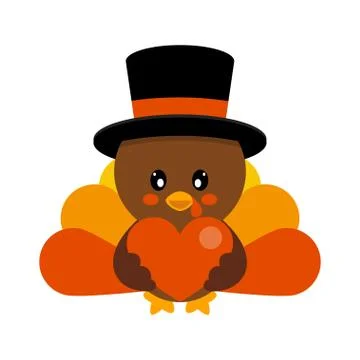 Cartoon cute turkey in hat vector with heart Stock Illustration