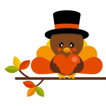 Cartoon cute turkey in hat vector with heart on a branch Stockillustratie