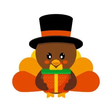 Cartoon cute turkey in hat vector with gift Illustrazione stock