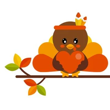 Cartoon cute turkey vector image with heart on a branch Stock Illustration