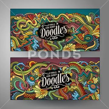 Cartoon cute vector doodles curls, swirls banners Stock Illustration