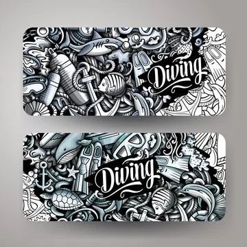 Cartoon cute vector doodles Diving corporate identity. Stock Illustration