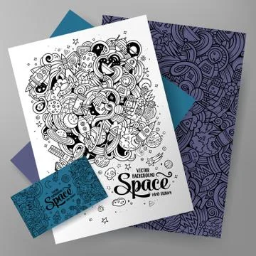 Cartoon cute vector doodles Space corporate identity set Stock Illustration