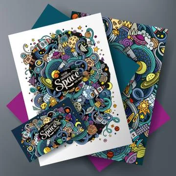 Cartoon cute vector doodles Space corporate identity set Stock Illustration