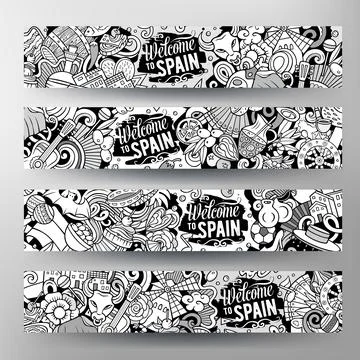 Cartoon cute vector doodles Spain banners Illustrazione stock