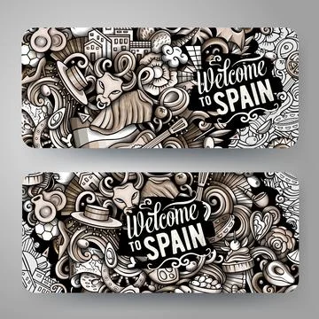 Cartoon cute vector doodles Spain banners Stock Illustration