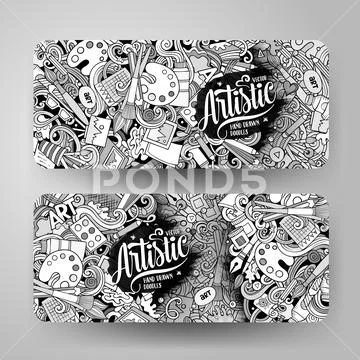 Cartoon cute vector hand drawn doodles Artist corporate identity Stock Illustration